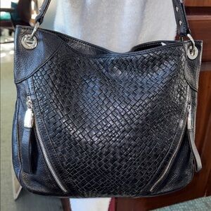 B. Makowsky  shoulder bag  leather black  woven front  3 exterior pockets Silver